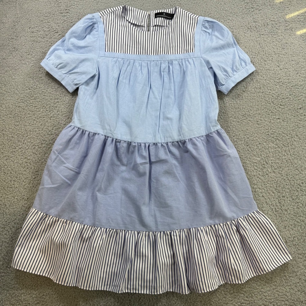 Pomander‎ Place Blue Striped Cotton Blend Dress XS Short Sleeve Tiered Ruffle